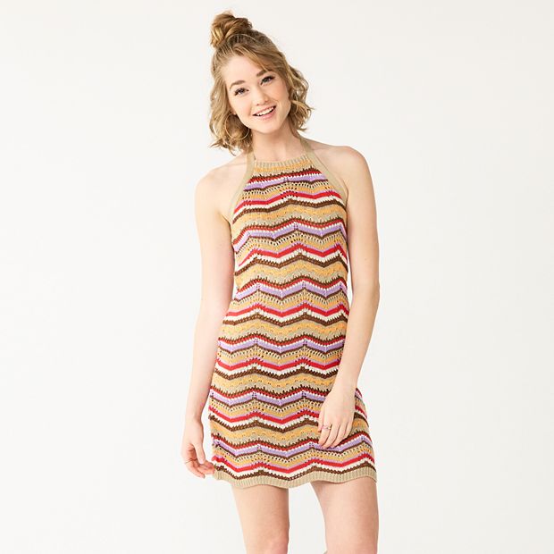 knee length dresses for ladies Happy Halter Mini Dress, in Blue Multi Crochet, Size: XL