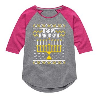Girls 7-16 Happy Hanukkah Candles Raglan Tee