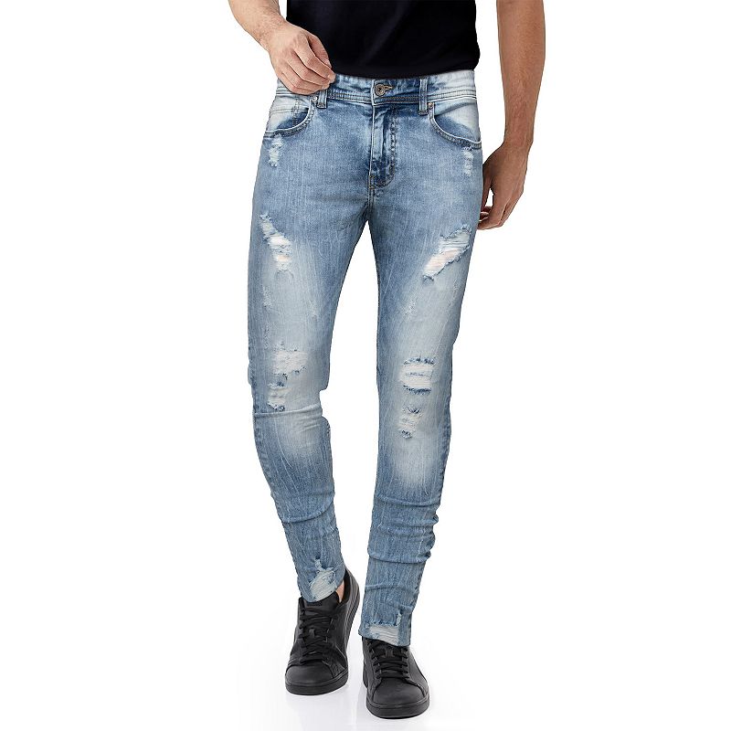 Mens RawX Stretch Distressed Skinny Jeans, Size: 38 X 32, Light Blue