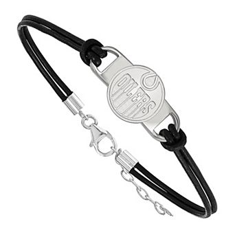 LogoArt Sterling Silver Edmonton Oilers Black Leather Bracelet