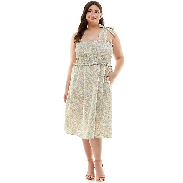 Juniors' Plus Size Lily Rose Tied Shoulder Strap Smocked Midi Dress