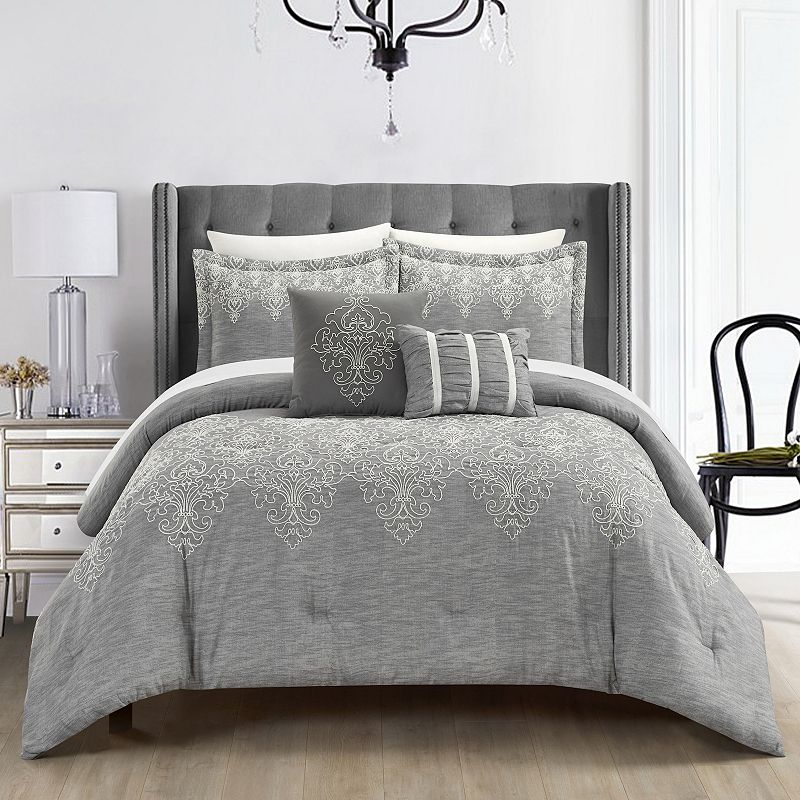 Chic Home Hubli Comforter Set with Coordinating Throw Pillows, Grey, Queen