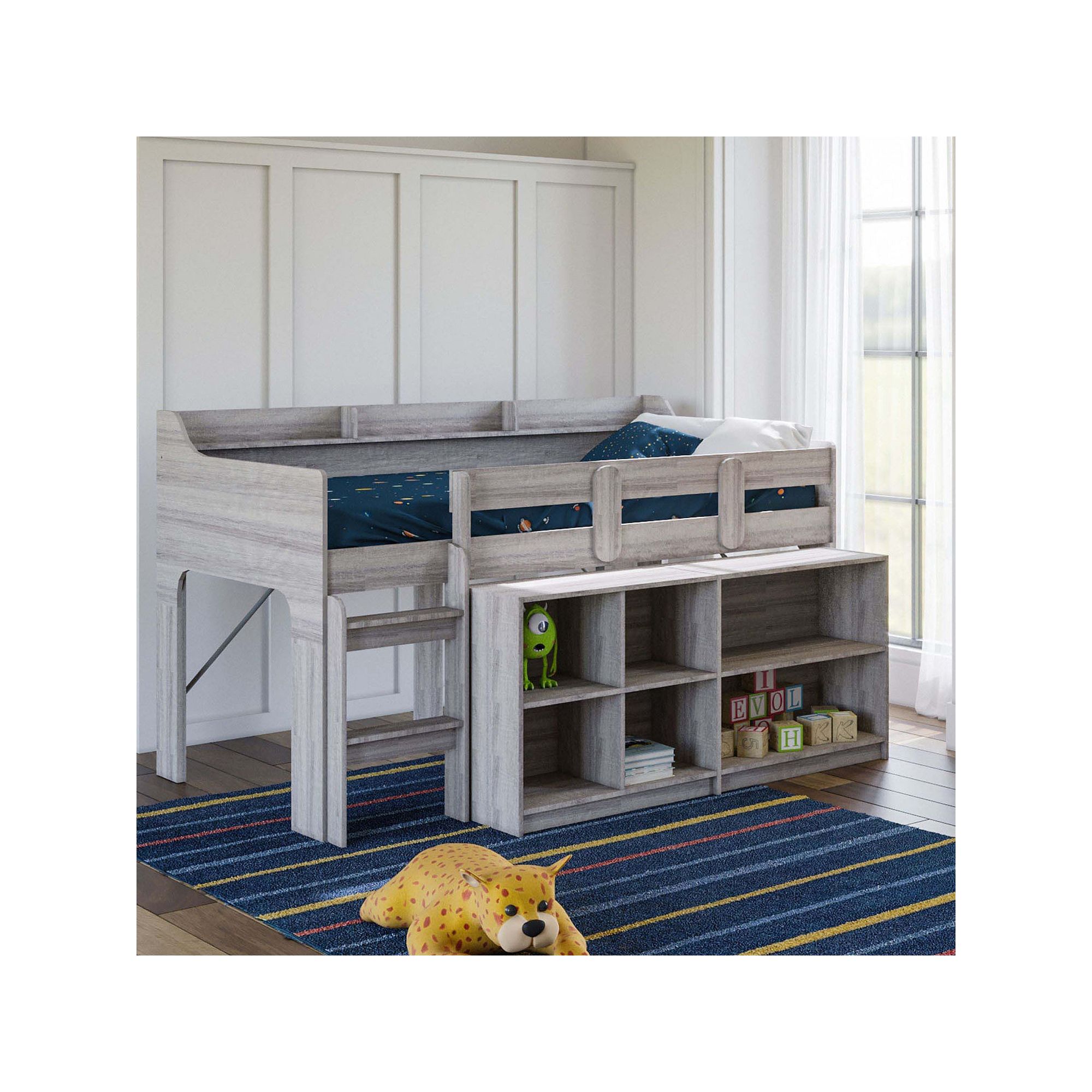 BK Furniture Hamilton Loft Bed with Storage Unit, Grey Wash