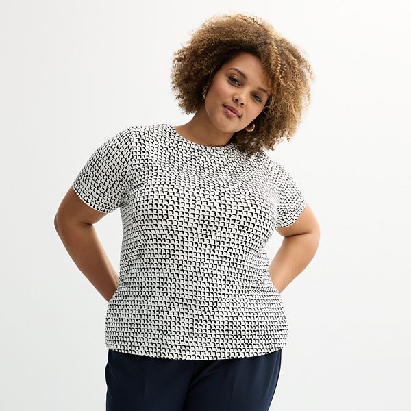 Plus Size Nine West Essential Crewneck Tee - White Shadow Squares (0X)
