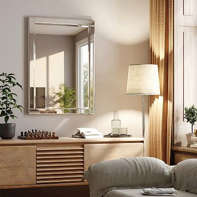 Solid wood frame covered with beveled clear mirror panels, 1-beveled center mirror