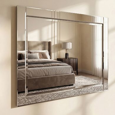 Solid wood frame covered with beveled clear mirror panels, 1-beveled center mirror