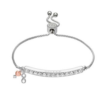 Brilliance Two-Tone Silver Plated "Sister" Crystal Bar Infinity & Heart Charm Adjustable Bracelet