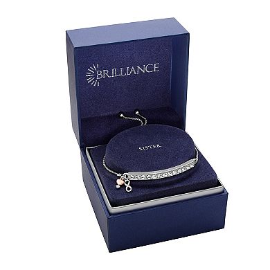 Brilliance Two-Tone Silver Plated "Sister" Crystal Bar Infinity & Heart Charm Adjustable Bracelet