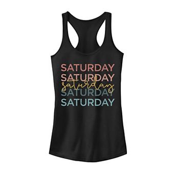 Juniors' Trendy Saturday Rainbow Text Word Stack Graphic Tank Top