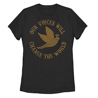 Juniors' Trendy Our Voices Will Change The World Patterned Dove Graphic Tee