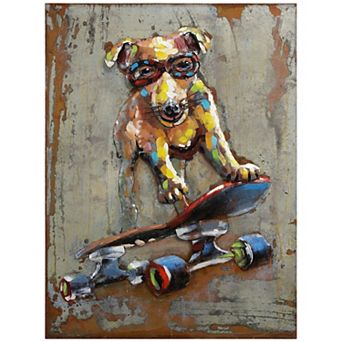 Dog on Skateboard Mixed Media Iron Dimensional Wall Art