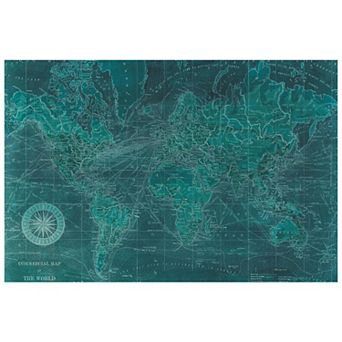 Azure World Map Frameless Free Floating Tempered Glass Panel Graphic Wall Art