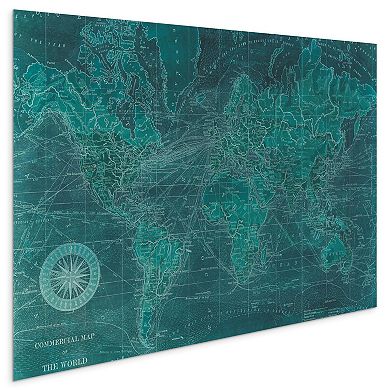 Azure World Map Frameless Free Floating Tempered Glass Panel Graphic Wall Art