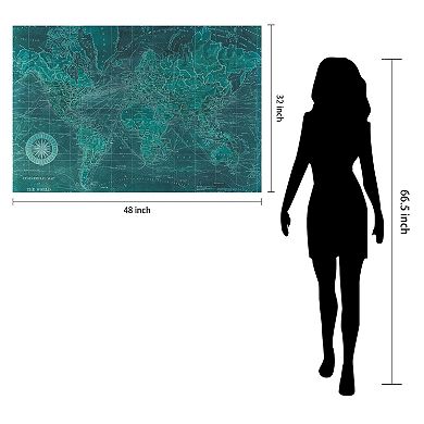 Azure World Map Frameless Free Floating Tempered Glass Panel Graphic Wall Art