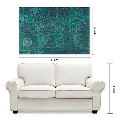 Azure World Map Frameless Free Floating Tempered Glass Panel Graphic Wall Art