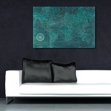 Azure World Map Frameless Free Floating Tempered Glass Panel Graphic Wall Art
