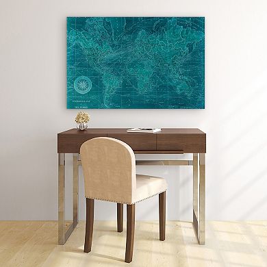 Azure World Map Frameless Free Floating Tempered Glass Panel Graphic Wall Art