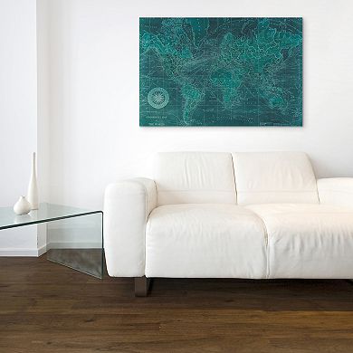 Azure World Map Frameless Free Floating Tempered Glass Panel Graphic Wall Art