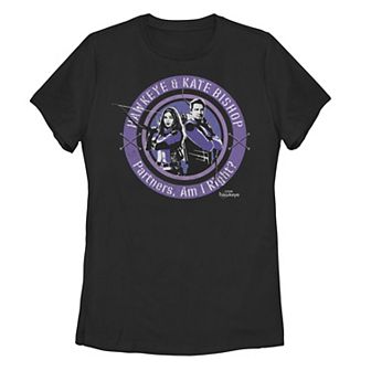 Juniors' Marvel Hawkeye & Kate Bishop Purple Circle Portrait Tee