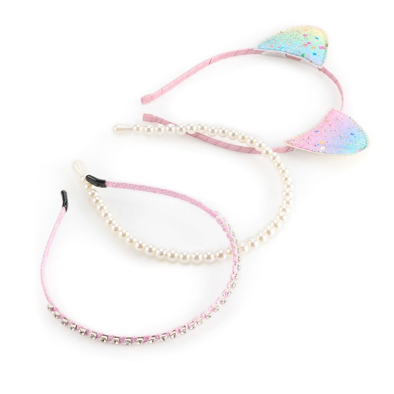 Girls Capelli 3-Pack Cat Ears, Simulated Pearls & Gems Headbands, Pale Team