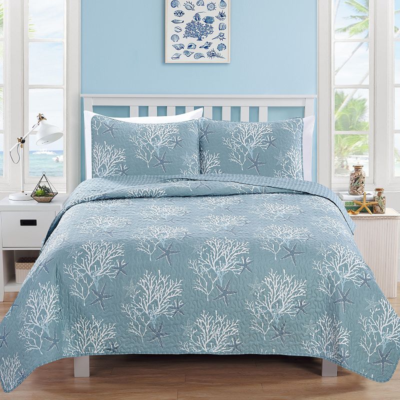 Great Bay Home Fenwick Coastal Quilt Set with Shams, Blue, Full/Queen