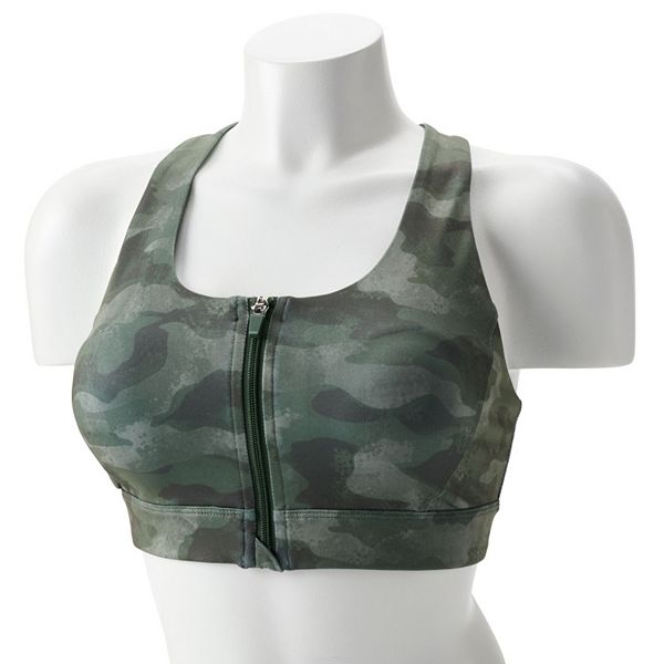 NEW Tek Gear Workout Gear Sports Bra Womens L CAMO Full Zip Front Racerback