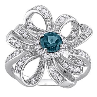 Stella Grace Sterling Silver London Blue Topaz & White Topaz Flower Cocktail Ring