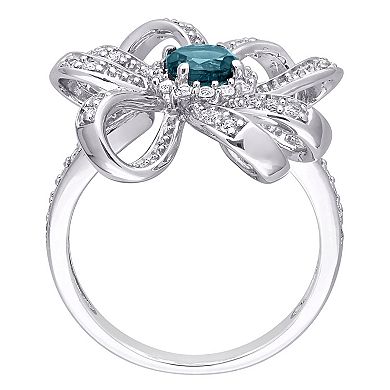 Stella Grace Sterling Silver London Blue Topaz & White Topaz Flower Cocktail Ring