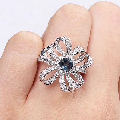 Stella Grace Sterling Silver London Blue Topaz & White Topaz Flower Cocktail Ring