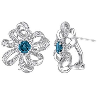 Stella Grace Sterling Silver London Blue Topaz & White Topaz Flower Omega Clip Earrings