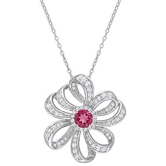 Stella Grace Sterling Silver Pink Topaz & White Topaz Flower Pendant Necklace