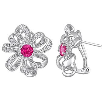 Stella Grace Sterling Silver Pink Topaz & White Topaz Flower Omega Clip Earrings