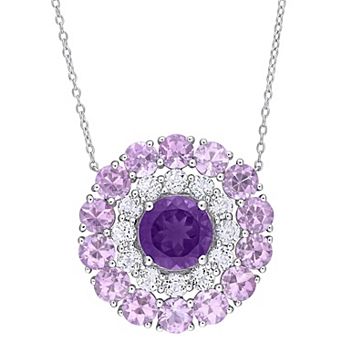 Stella Grace Sterling Silver African Amethyst & White Topaz Double Halo Circle Pendant Necklace