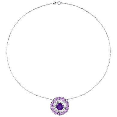 Stella Grace Sterling Silver African Amethyst & White Topaz Double Halo Circle Pendant Necklace