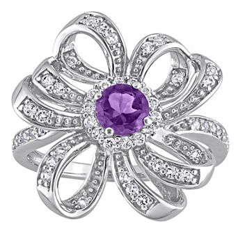 Stella Grace Sterling Silver African Amethyst & White Topaz Flower Cocktail Ring
