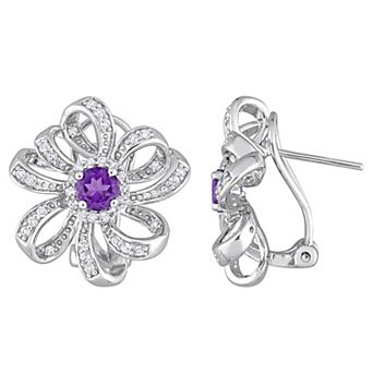 Stella Grace Sterling Silver African Amethyst & White Topaz Floral Omega Clip Earrings