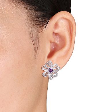 Stella Grace Sterling Silver African Amethyst & White Topaz Floral Omega Clip Earrings