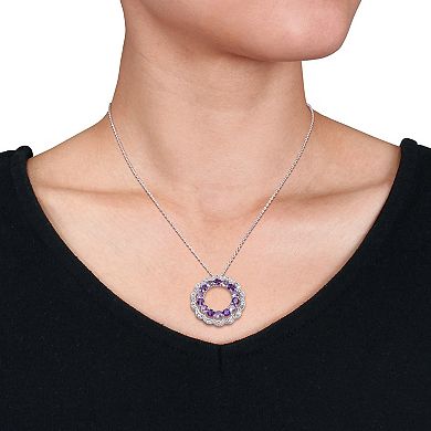 Stella Grace Sterling Silver African Amethyst, Amethsyt & White Topaz Open Floral Halo Pendant Necklace