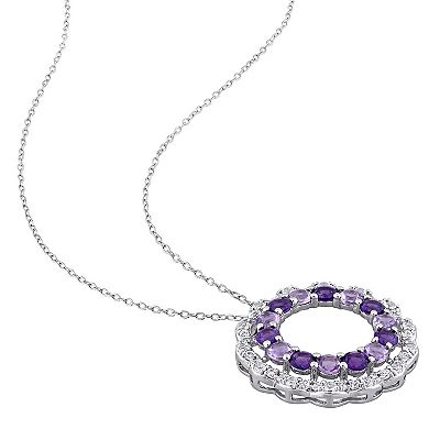 Stella Grace Sterling Silver African Amethyst, Amethsyt & White Topaz Open Floral Halo Pendant Necklace