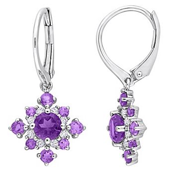 Stella Grace Sterling Silver African Amethyst & White Topaz Leverback Cluster Drop Earrings