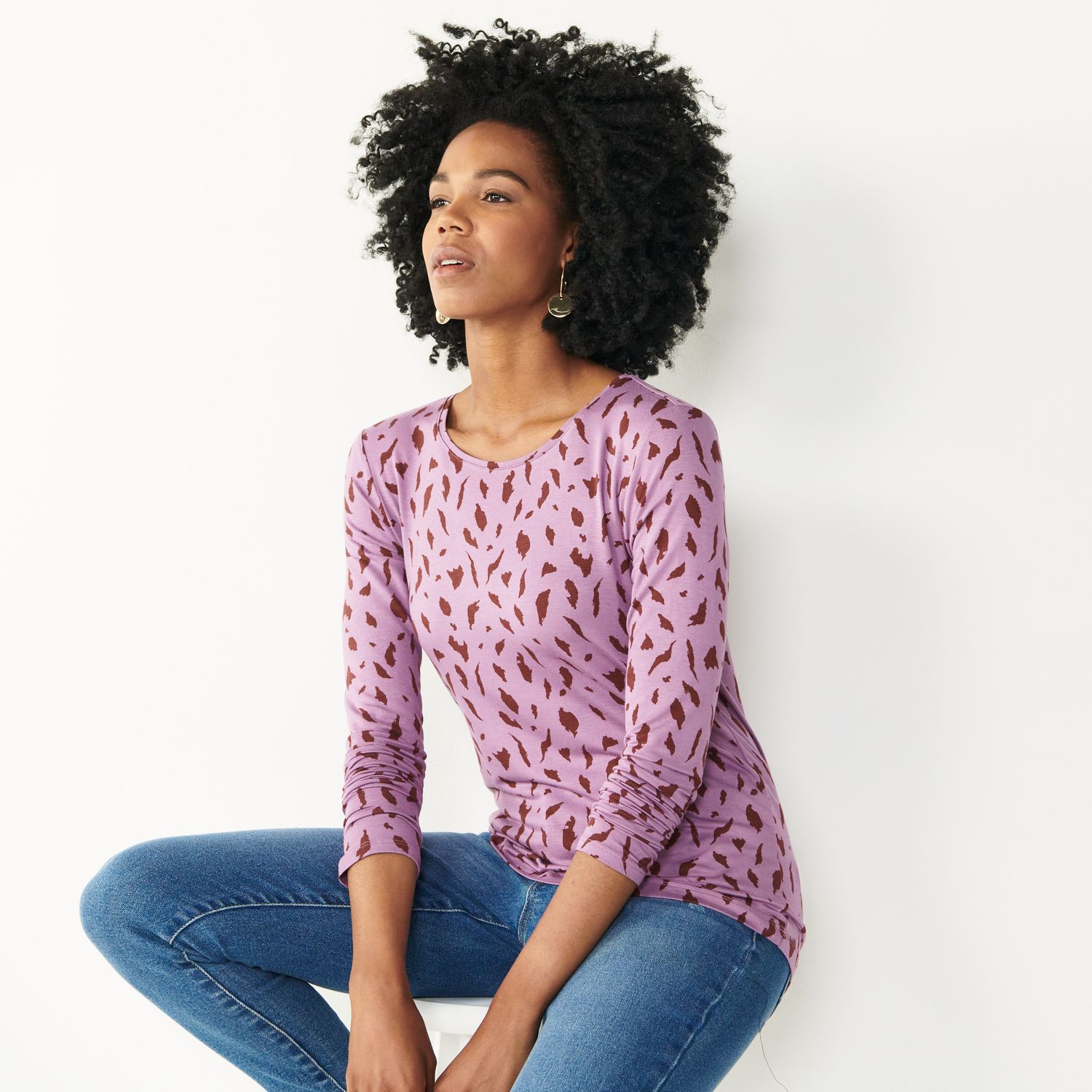 women's nine west essential soft spun long sleeve crewneck tee