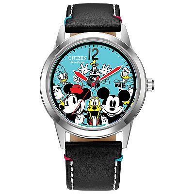 Disney s Mickey Mouse Friends Unisex Eco Drive Black Leather Watch by Citizen AW1235 06W