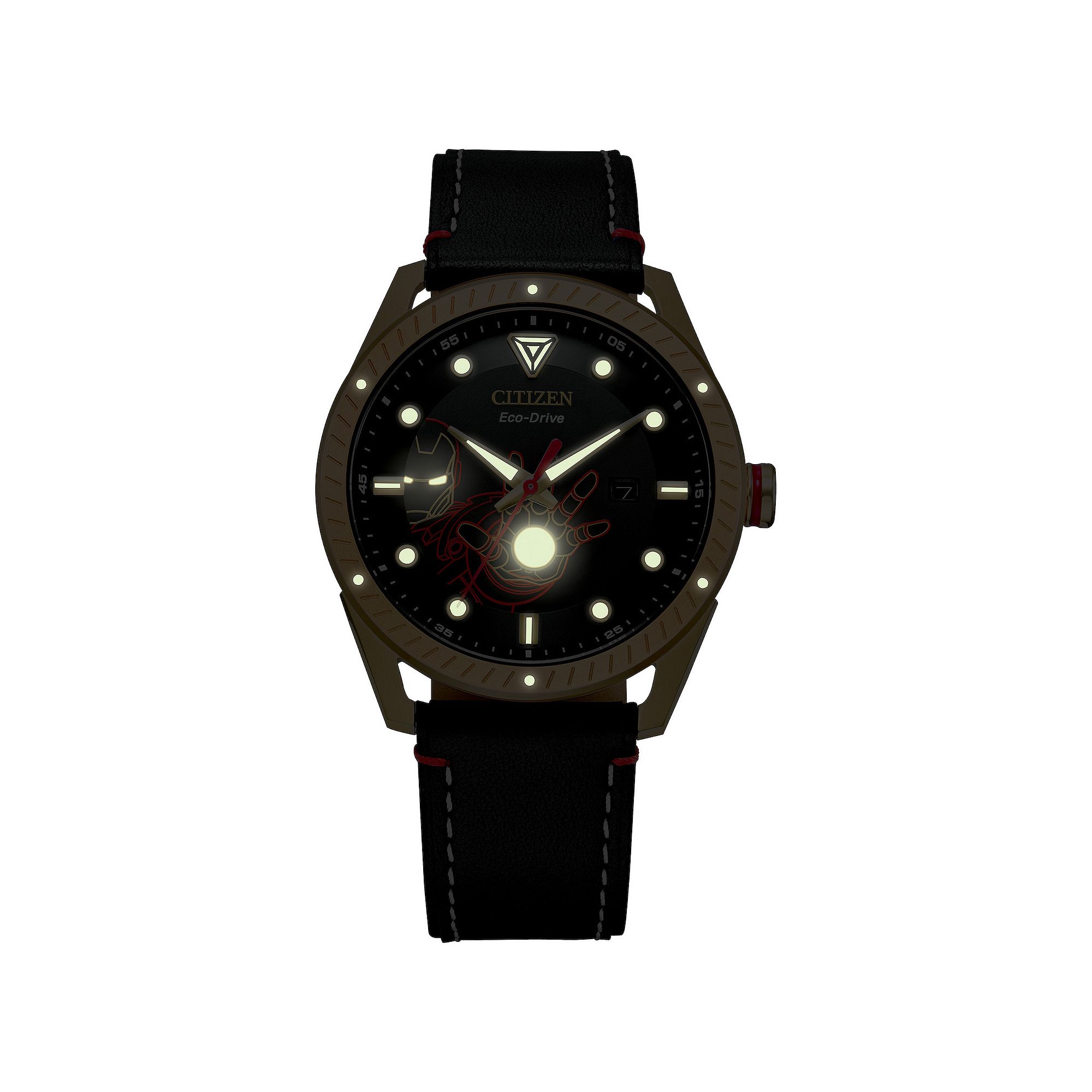 Marvel Iron Man Mens Eco-Drive Black Leather Strap Watch by Citizen - BM69