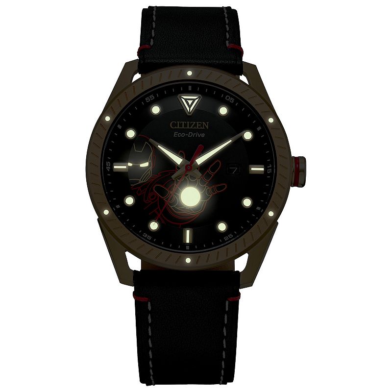 Marvel Iron Man Men's Eco-Drive Black Leather Strap Watch by Citizen - BM6992-09W, Size: Large