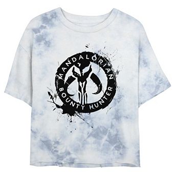 Juniors' Star Wars: The Mandalorian Paint Splatter Emblem Wash Crop Tee