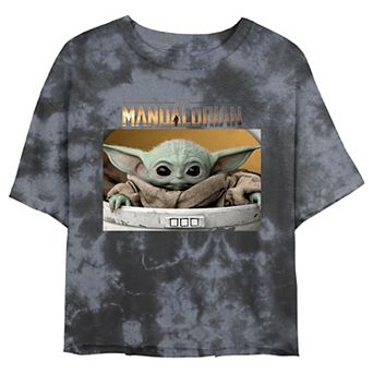 Juniors' Star Wars: The Mandalorian The Child Big Eyes Portrait Logo Wash Crop Tee