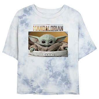 Juniors' Star Wars: The Mandalorian The Child Big Eyes Portrait Logo Wash Crop Tee