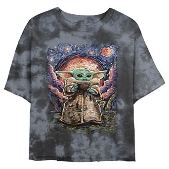 Juniors' Star Wars: The Mandalorian The Child Starry Night Wash Crop Tee