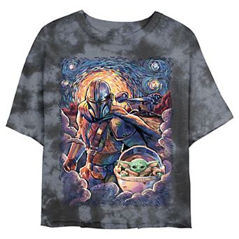 Juniors' Star Wars: The Mandalorian & The Child Starry Night Style Wash Crop Tee