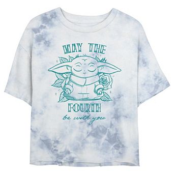 Juniors' Star Wars "May The Fourth Be With You" Grogu Line Art Wash Crop Tee
